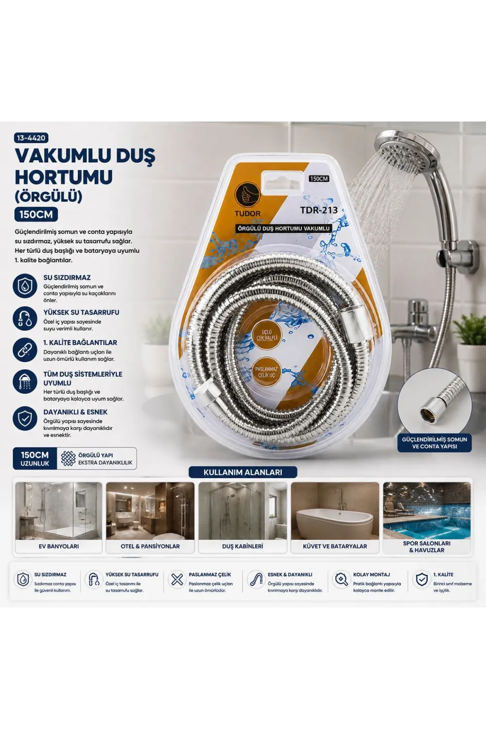 Krom Örgülü Vakumlu Duş Hortumu 150 cm