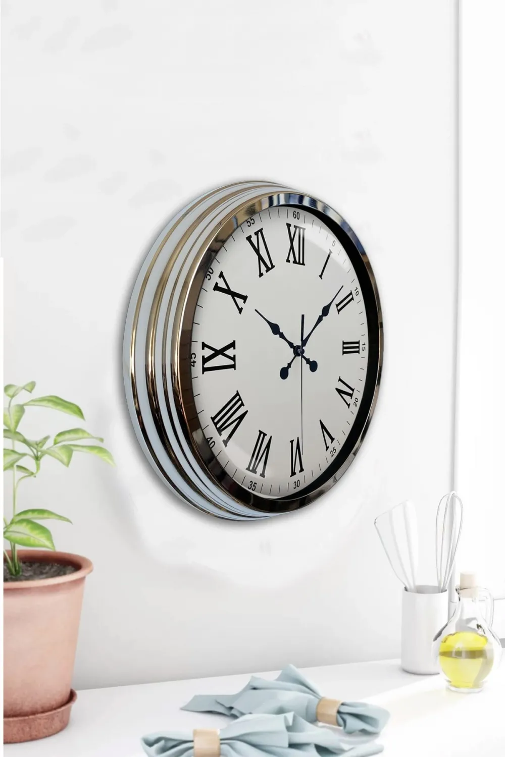 Krom Roma Rakamlı 40 Cm Metal Modern Duvar Saati
