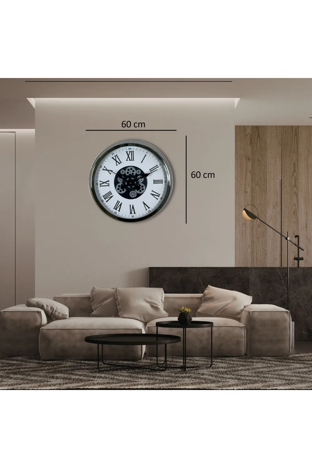 Krom Roma Rakamlı 60 Cm Çarklı Duvar Saati