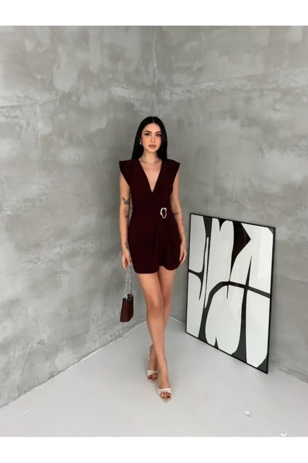 Kruvaze Drapeli Tokalı Mini Elbise Şık Gece Davet Abiye - Kahverengi