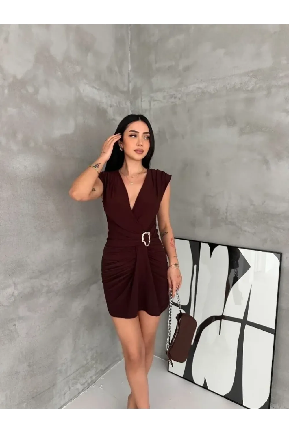 Kruvaze Drapeli Tokalı Mini Elbise Şık Gece Davet Abiye - Kahverengi