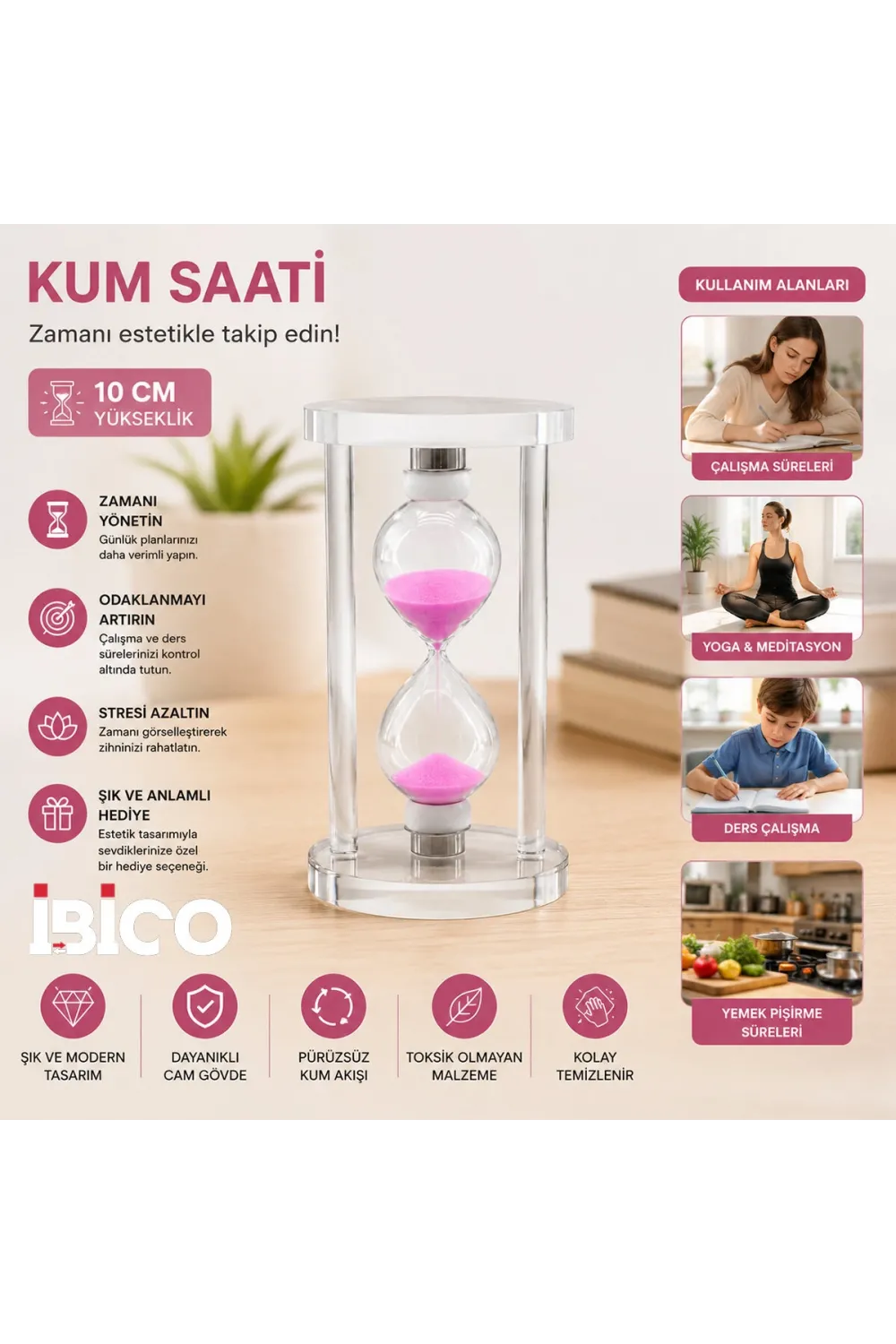 Küçük Cam Kum Saati Cam Standlı= Çap: 6cm-yükseklik: 10cm