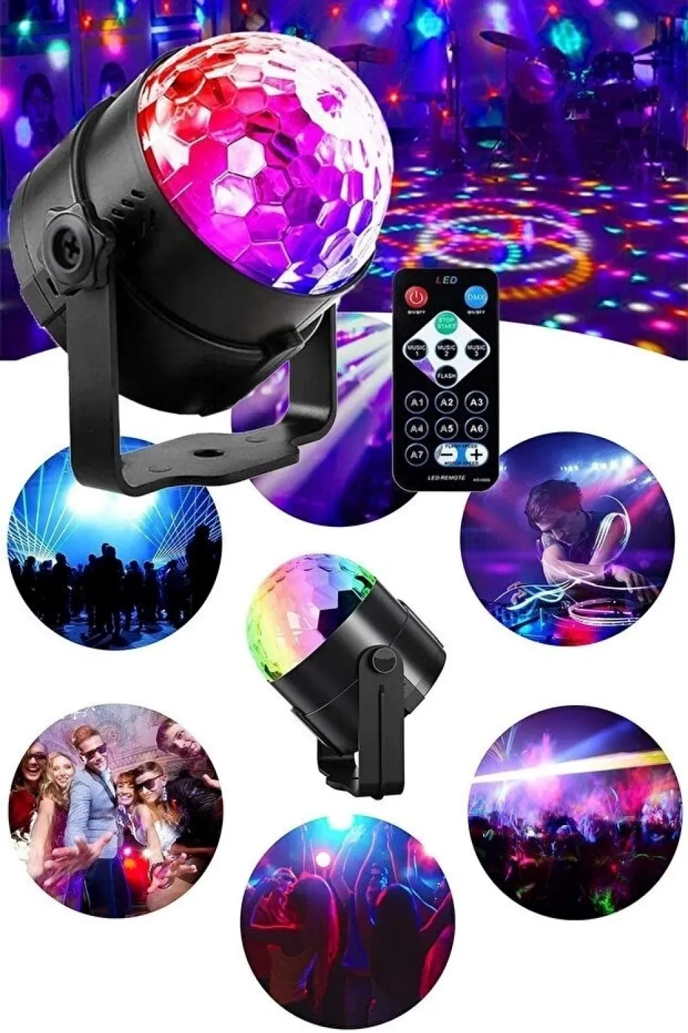 Kumandalı Sese Duyarlı Çok Renkli LED Disko Topu - Lazer Işıklı Parti Küresi