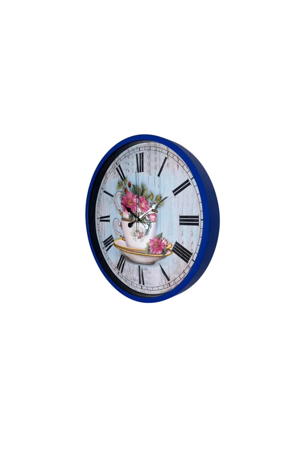 Lacivert Çiçek Desenli 36 Cm Duvar Saati