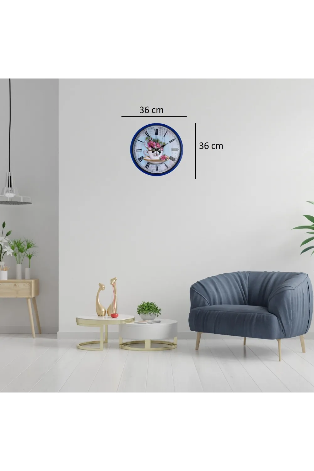 Lacivert Çiçek Desenli 36 Cm Duvar Saati