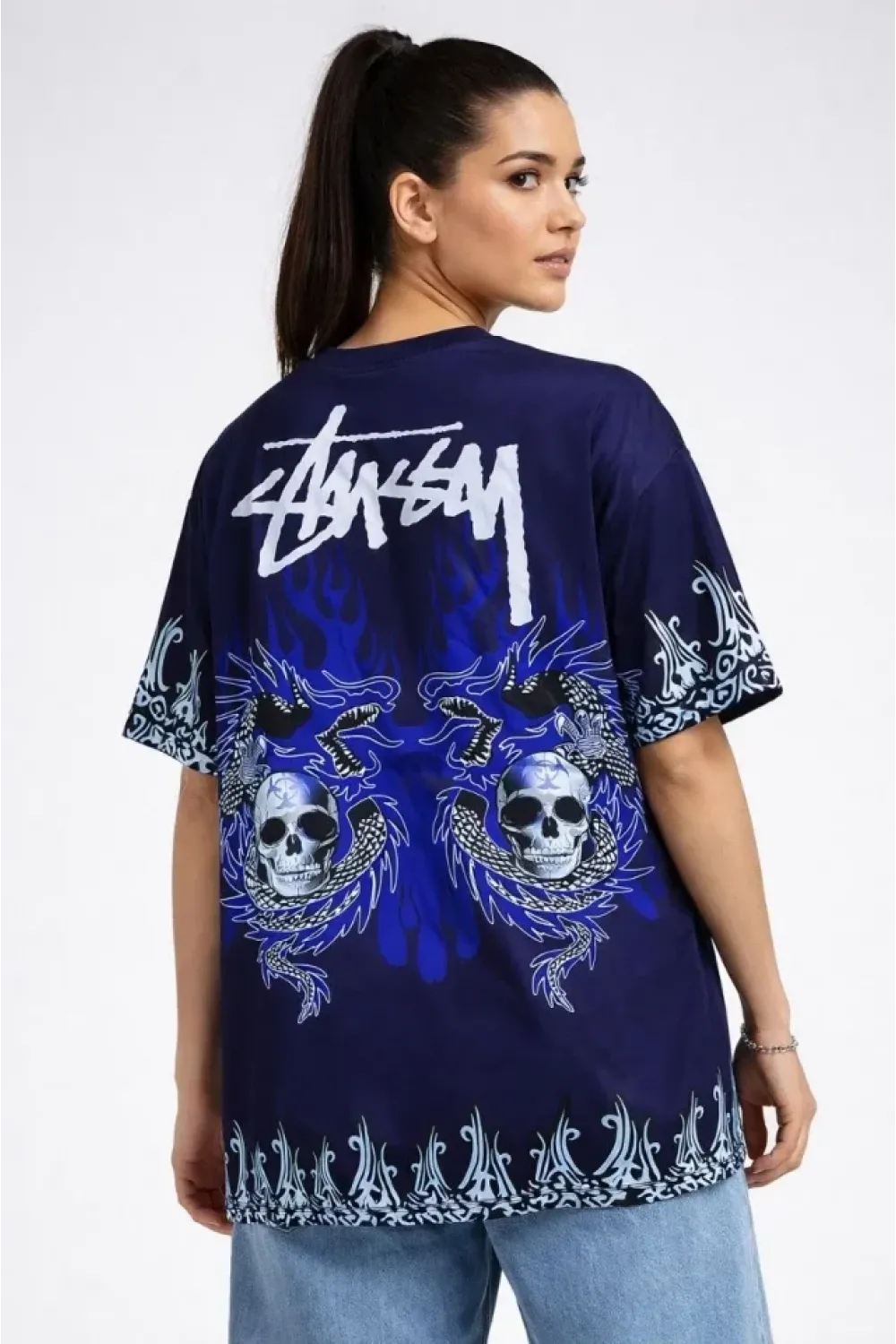 Lacivert Oversize Tişört Dragon - Kuru Kafa Baskılı Bisiklet Yaka T-Shirt - Lacivert