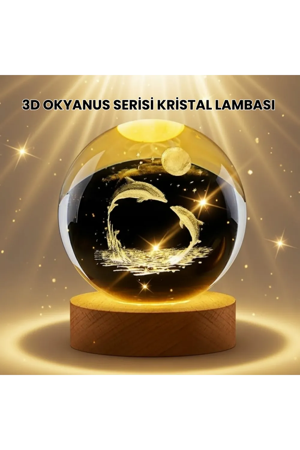 Lazer İşlemeli Yunus Kristal Küre Sıcak Işıklı Ahşap Standlı