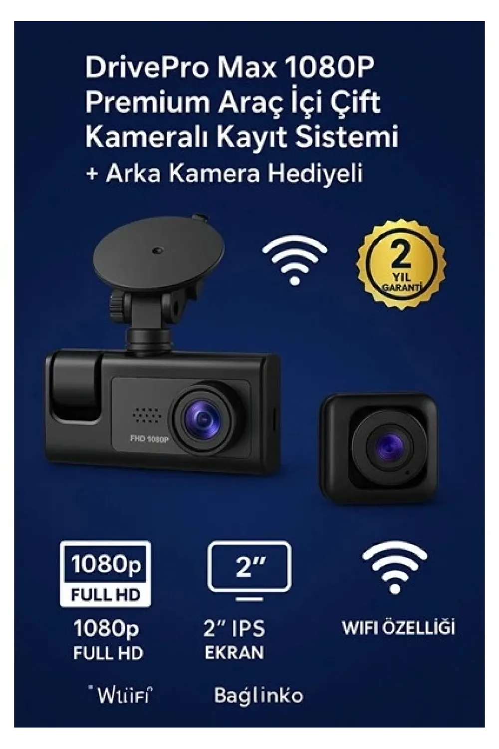 Lcd Ekranlı 1080p 3 Kameralı Araç İçi Kamera Geri Görüş Destekli Gece Görüşlü G Sensörlü