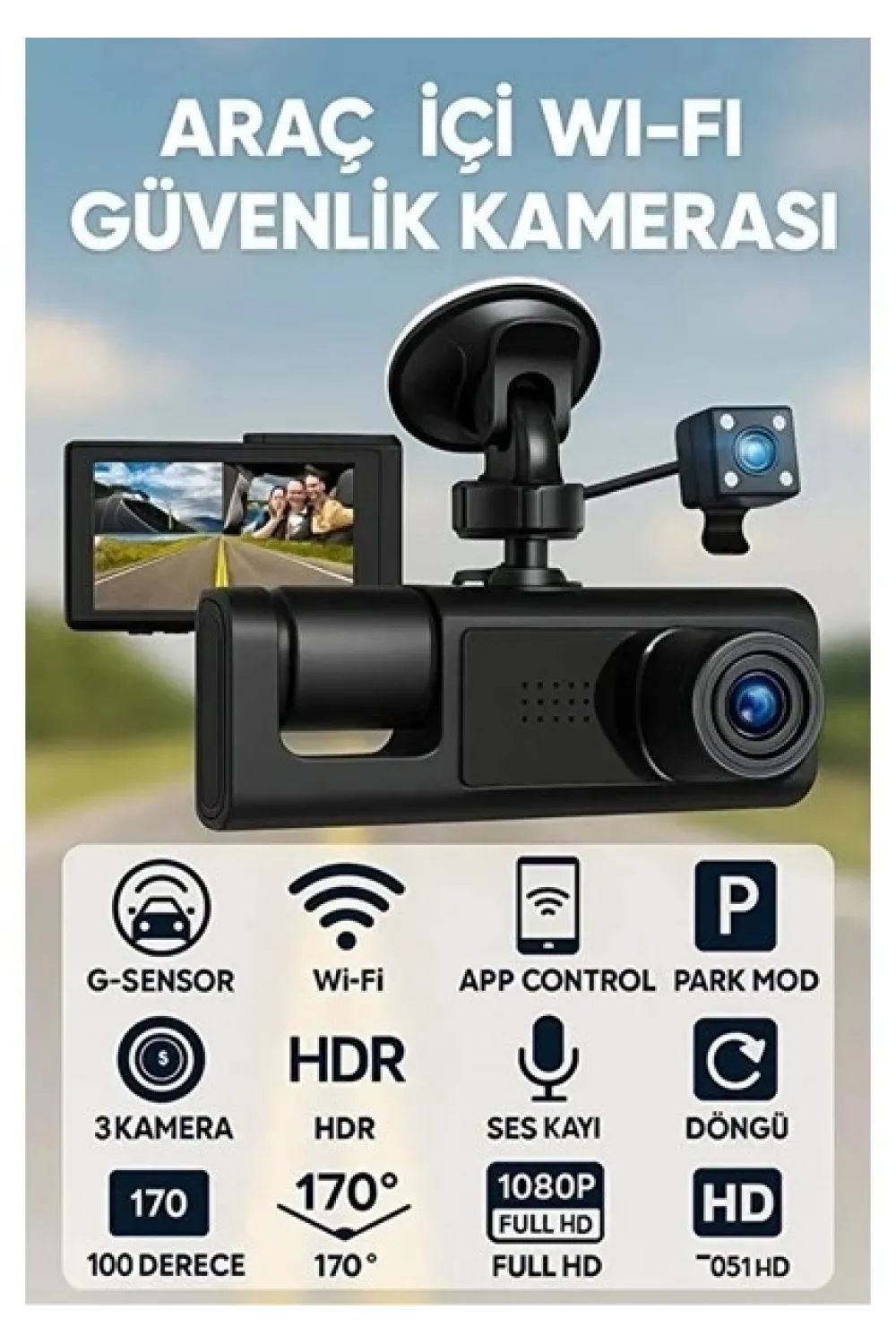 Lcd Ekranlı 1080p 3 Kameralı Araç İçi Kamera Geri Görüş Destekli Gece Görüşlü G Sensörlü