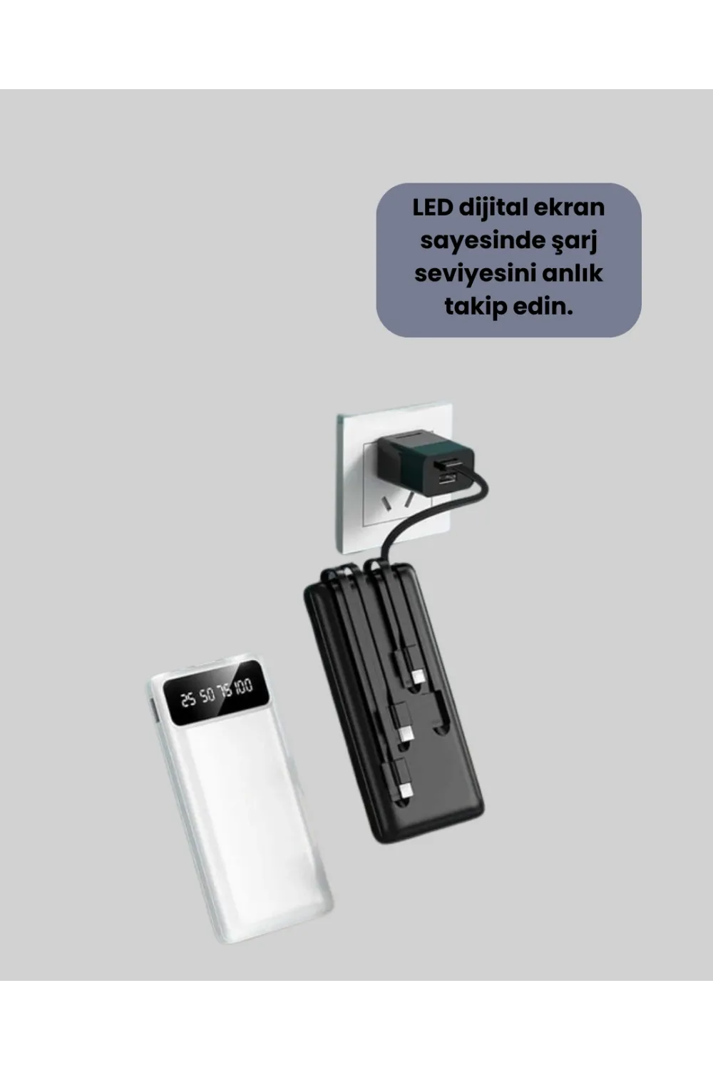 Led Işıklı 20.000mah Powerbank Lcd Gösterge Dahili Çoklu Kablo