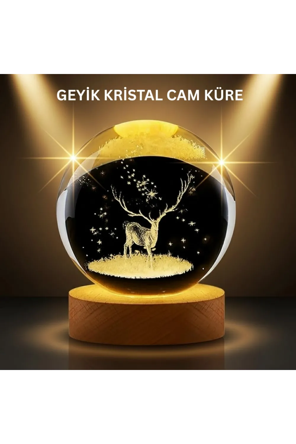Led Işıklı Geyikli Kristal Küre Ahşap Standlı Modern Dekor Lamba