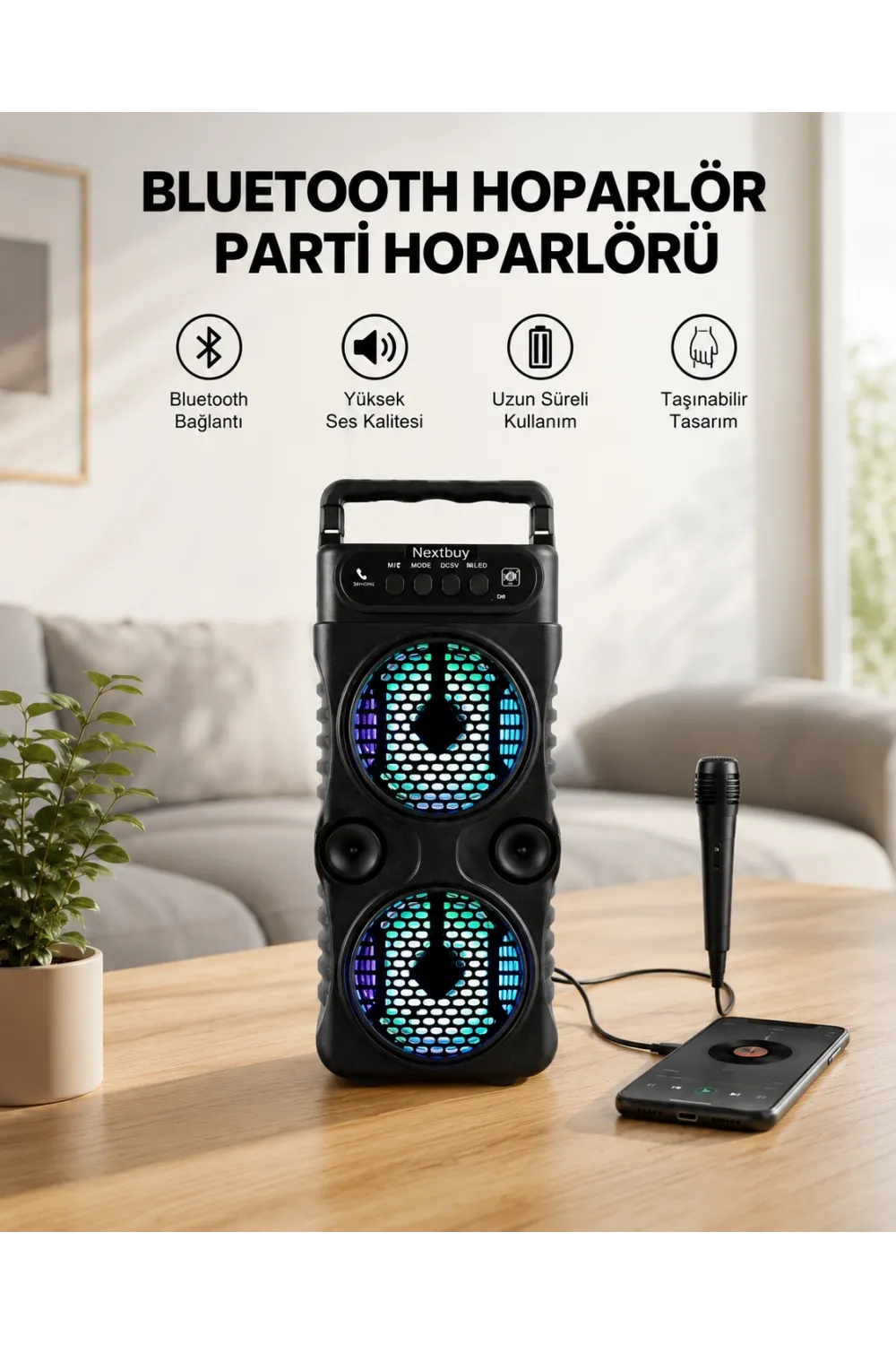 Led Işıklı Kablosuz Bluetooth Hoparlör Yüksek Ses Güçlü Bas Performansı Taşınabilir Şarjlı