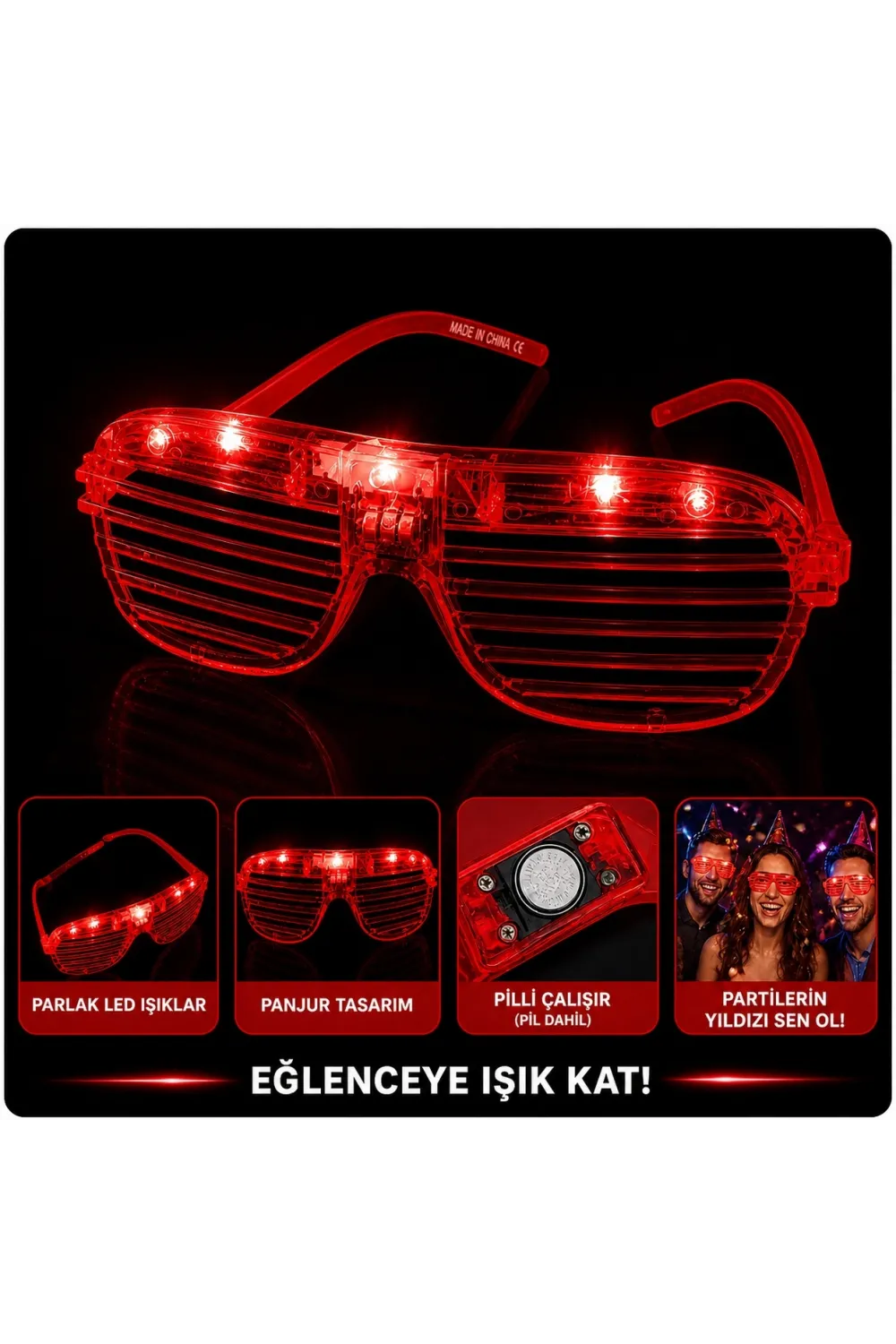 LED Işıklı Panjur Parti Gözlüğü Kırmızı Renk Shutter Gözlük
