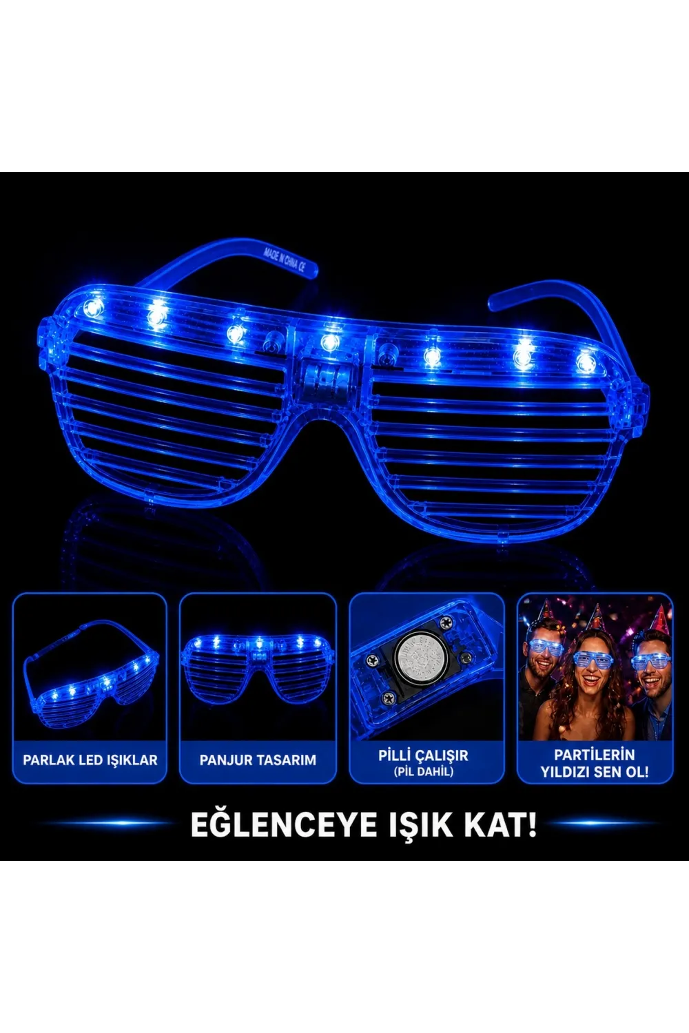 LED Işıklı Panjur Parti Gözlüğü Mavi Renk Shutter Gözlük