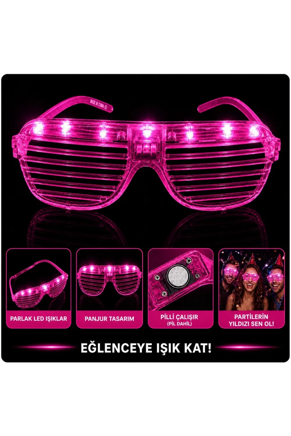 LED Işıklı Panjur Parti Gözlüğü Pembe Renk Shutter Gözlük