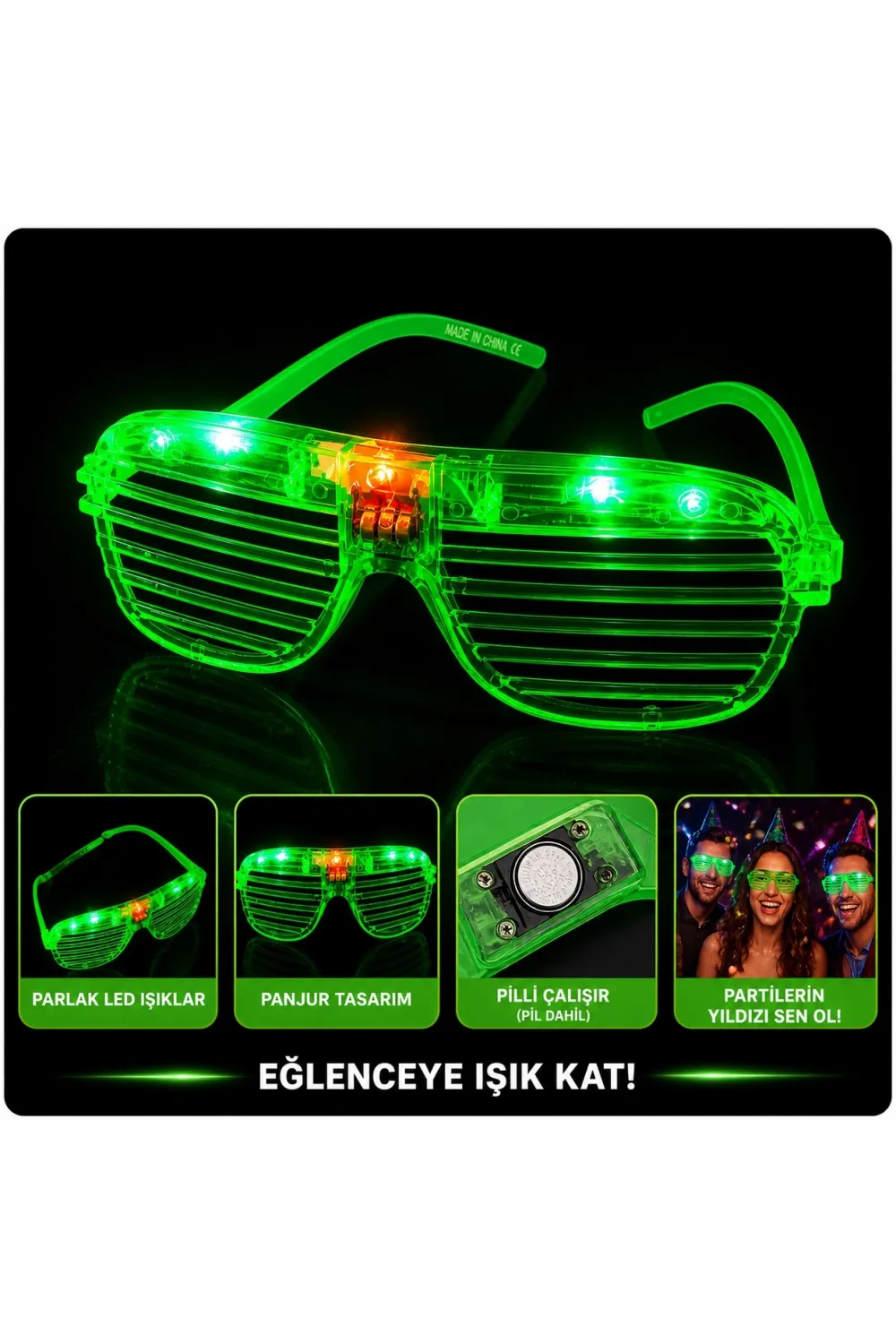 LED Işıklı Panjur Parti Gözlüğü Yeşil Renk Shutter Gözlük