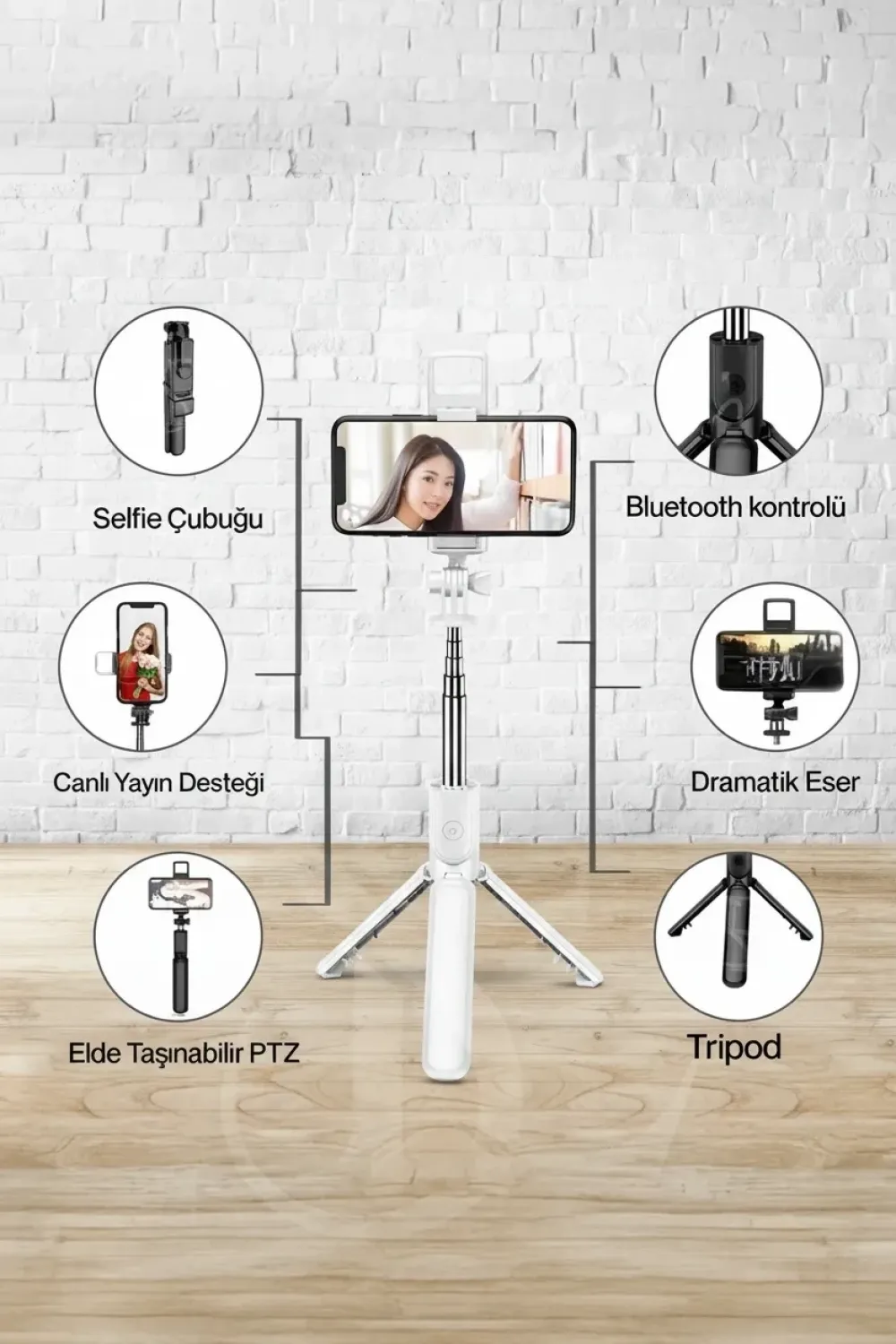Led Işıklı Selfie Çubuğu Bluetooth Kumandalı Kablosuz Tripot Selfie Monopod Selfie Stick (Beyaz)