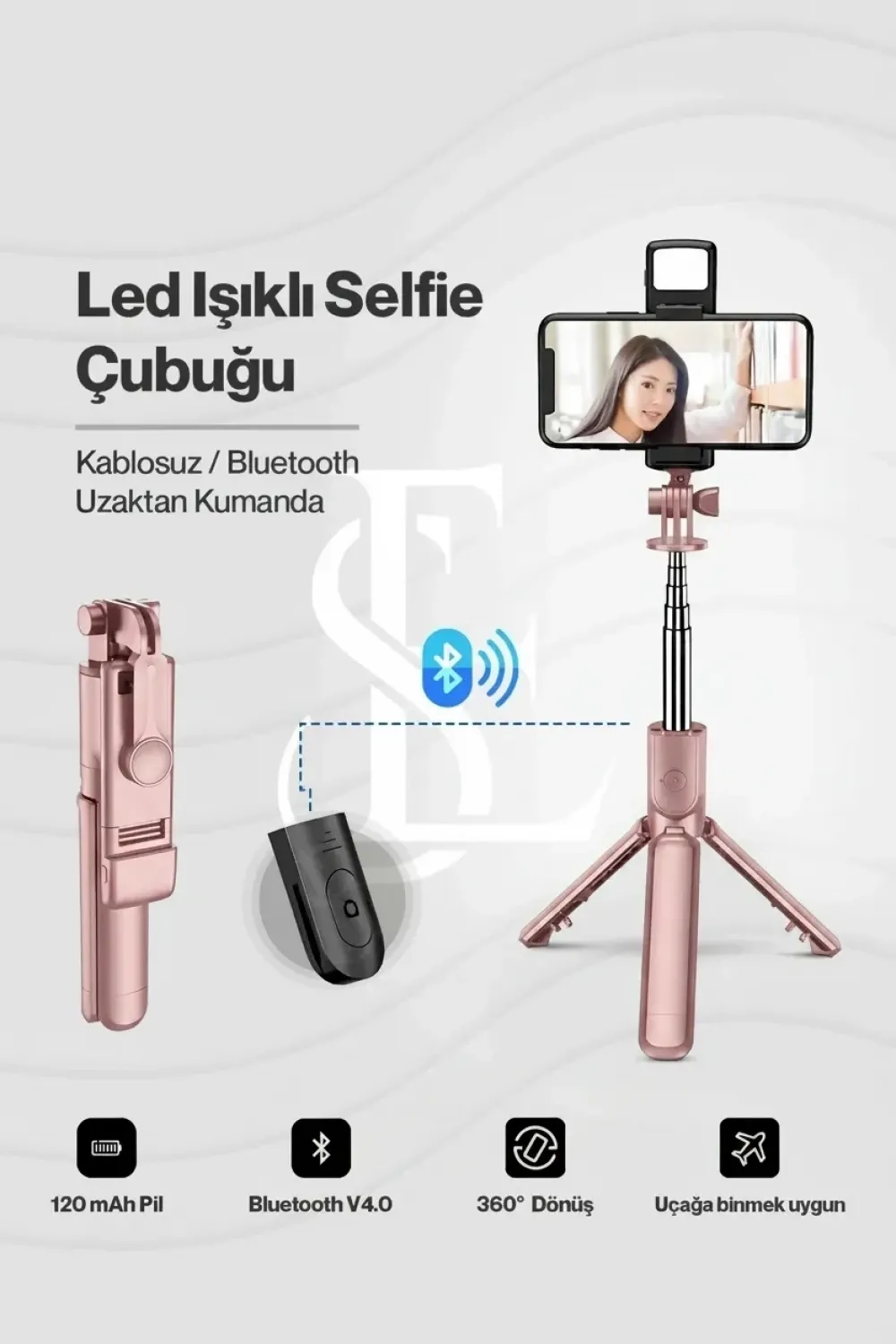 Led Işıklı Selfie Çubuğu Bluetooth Kumandalı Kablosuz Tripot Selfie Monopod Selfie Stick (Pembe)
