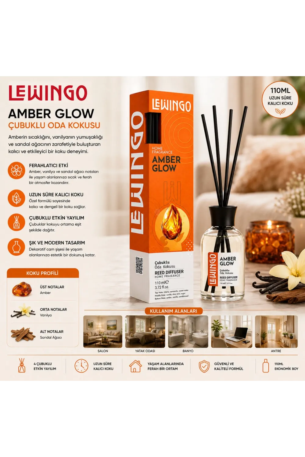 Lewingo ( 110ml ) ( Amber Glow ) Bambu Ortam Kokusu ( Cam Şişe )*24=k