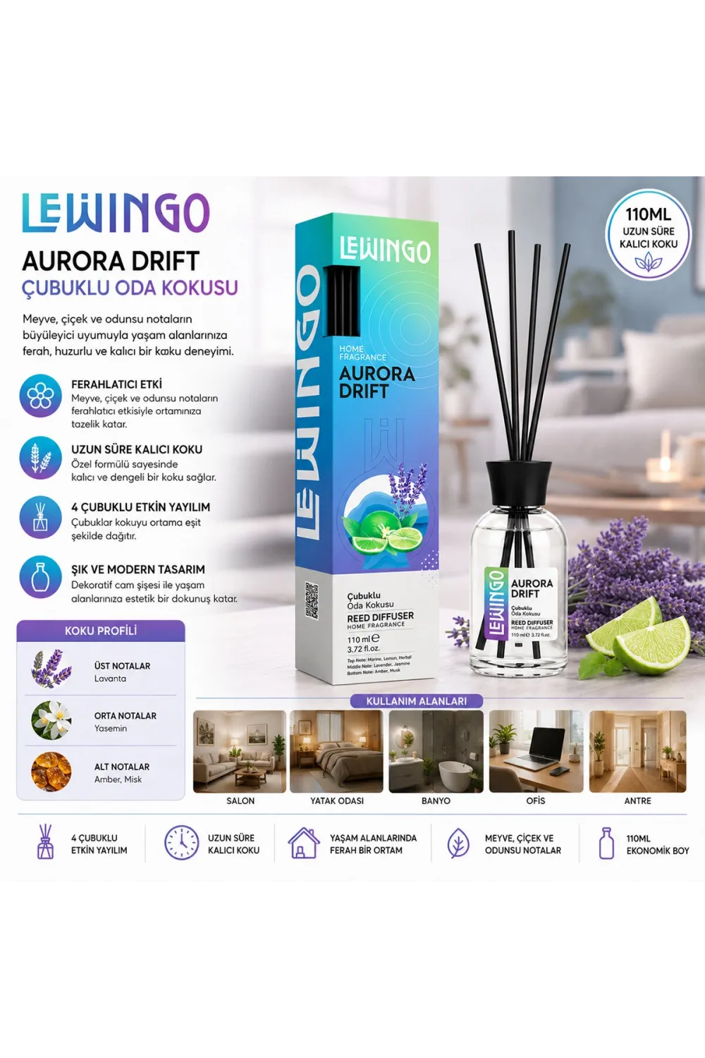 Lewingo ( 110ml ) ( Aurora Drıft ) Bambu Ortam Kokusu ( Cam Şişe )*24=k
