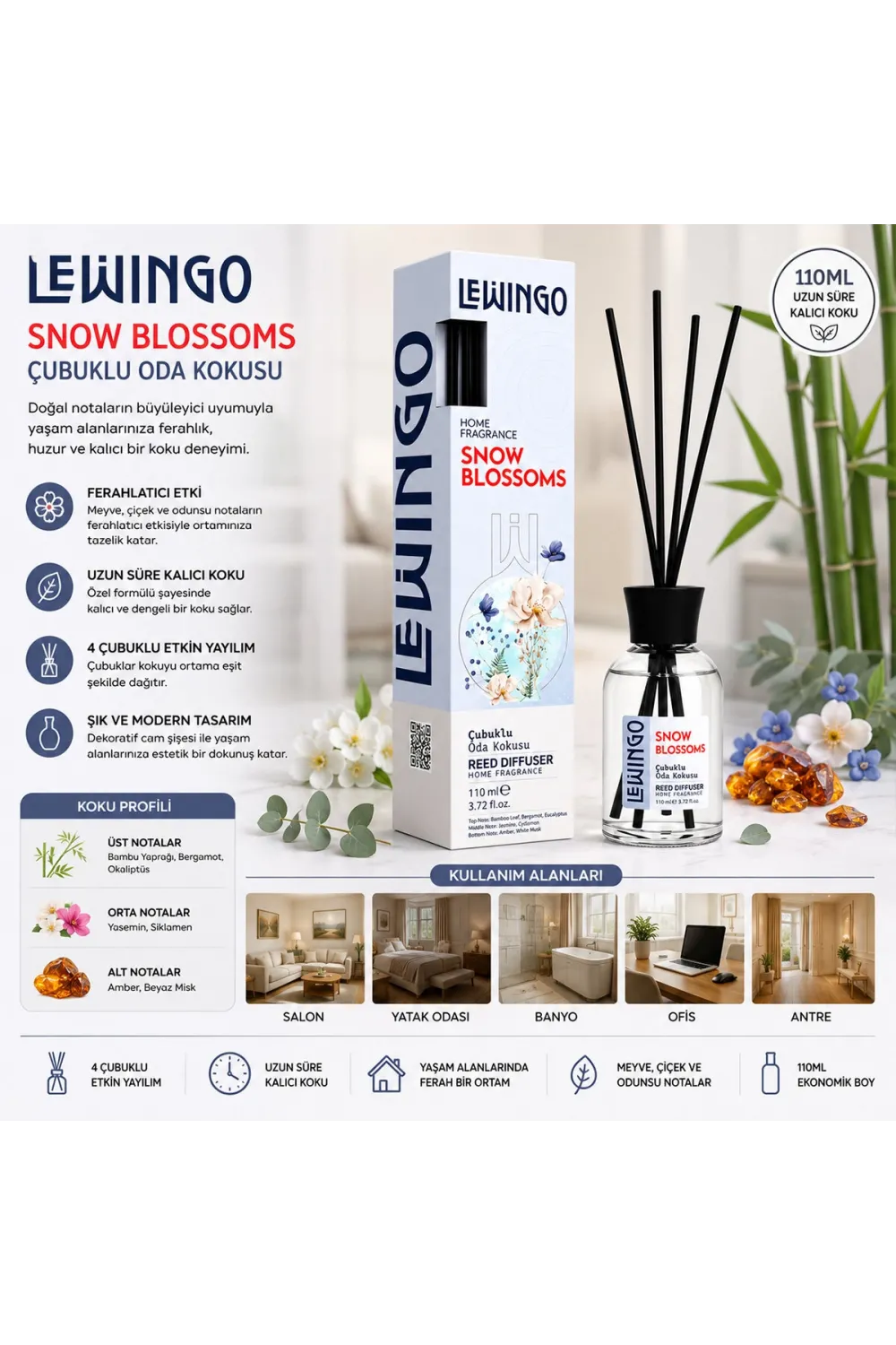 Lewingo ( 110ml ) ( Snow Blossoms ) Bambu Ortam Kokusu ( Cam Şişe )*24=k