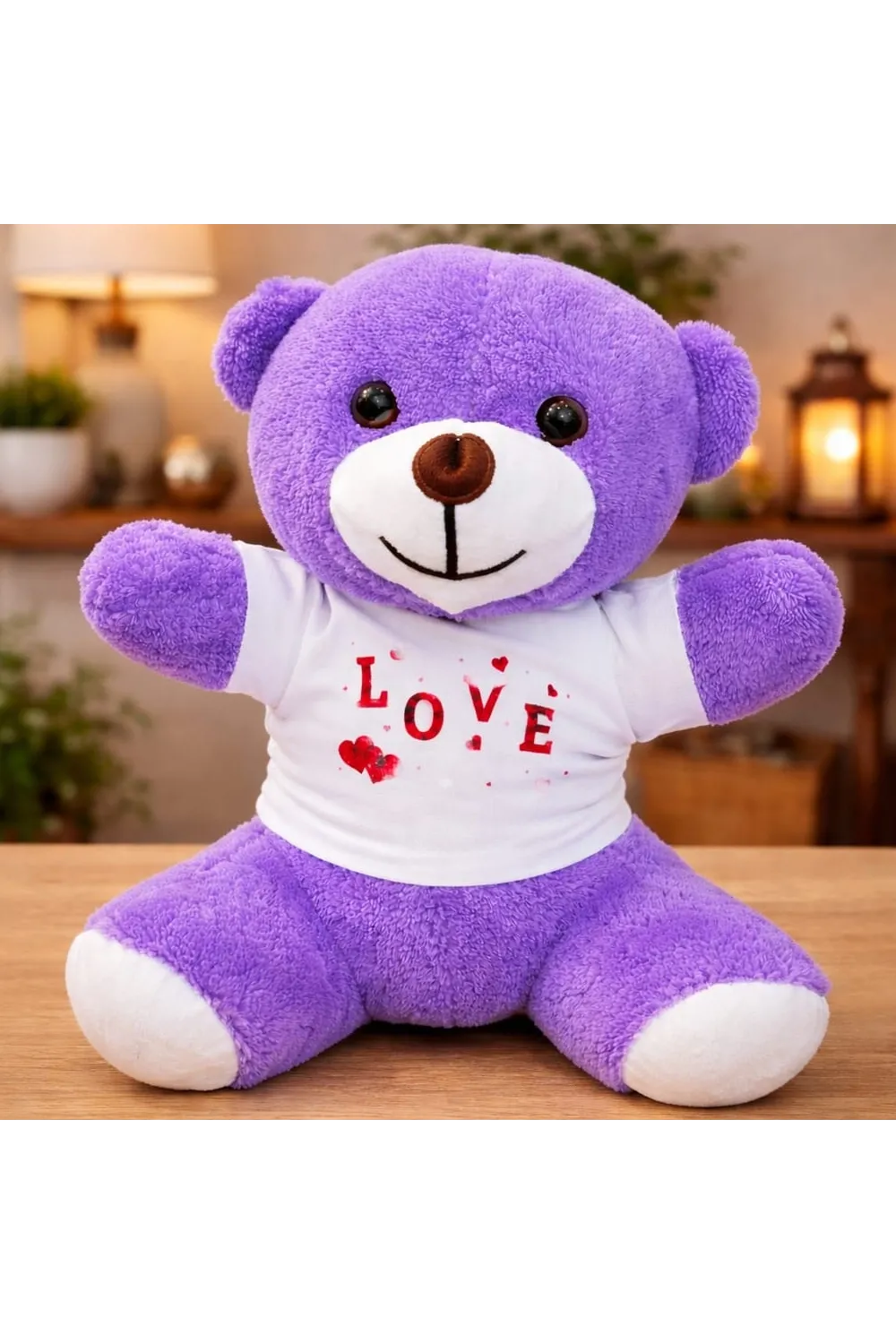 Love Baskılı Tişörtlü Peluş Mor Ayıcık