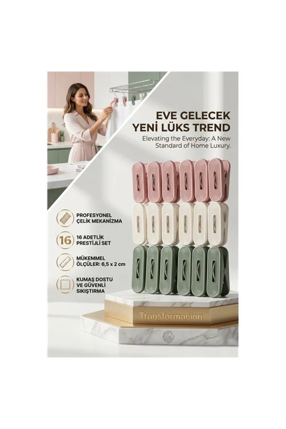Lüks Çamaşır Mandalı Seti | 16lı Çelik Yaylı İz Bırakmaz Profesyonel Mandal 723087
