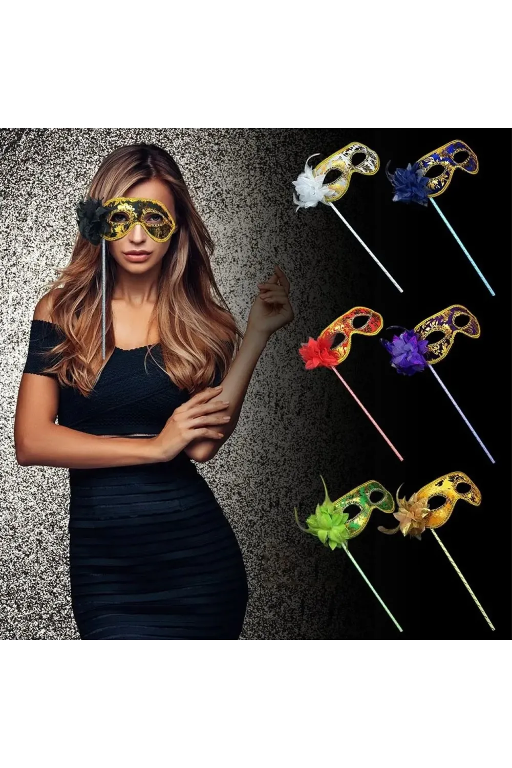 Lüks Taşlı Saplı Maskeli Balo Maskesi Altın Renk 35 cm