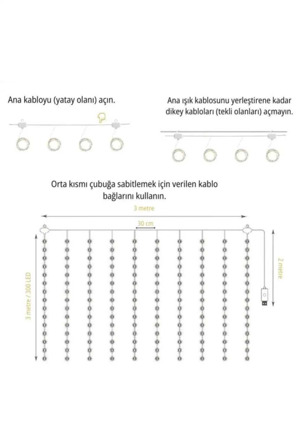 Lw-7 300 Ledli 10 Sarkıt Perde Led Işık, 8 Modlu Uzaktan Kumandalı, 3x3 Metre Peri Telli Led