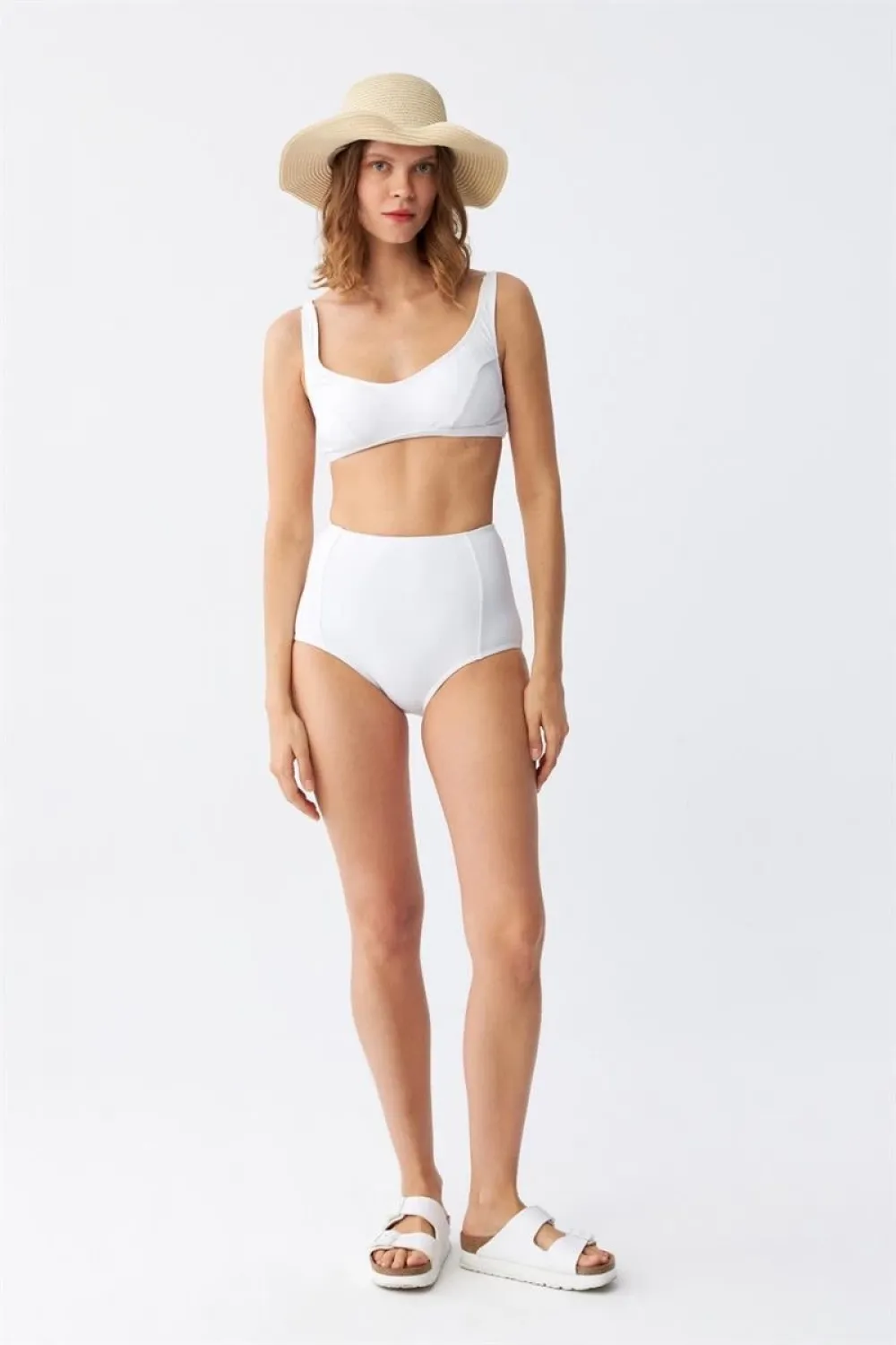  Kadın Basic Beyaz Pedli Yüksek Bel Bikini Takımı