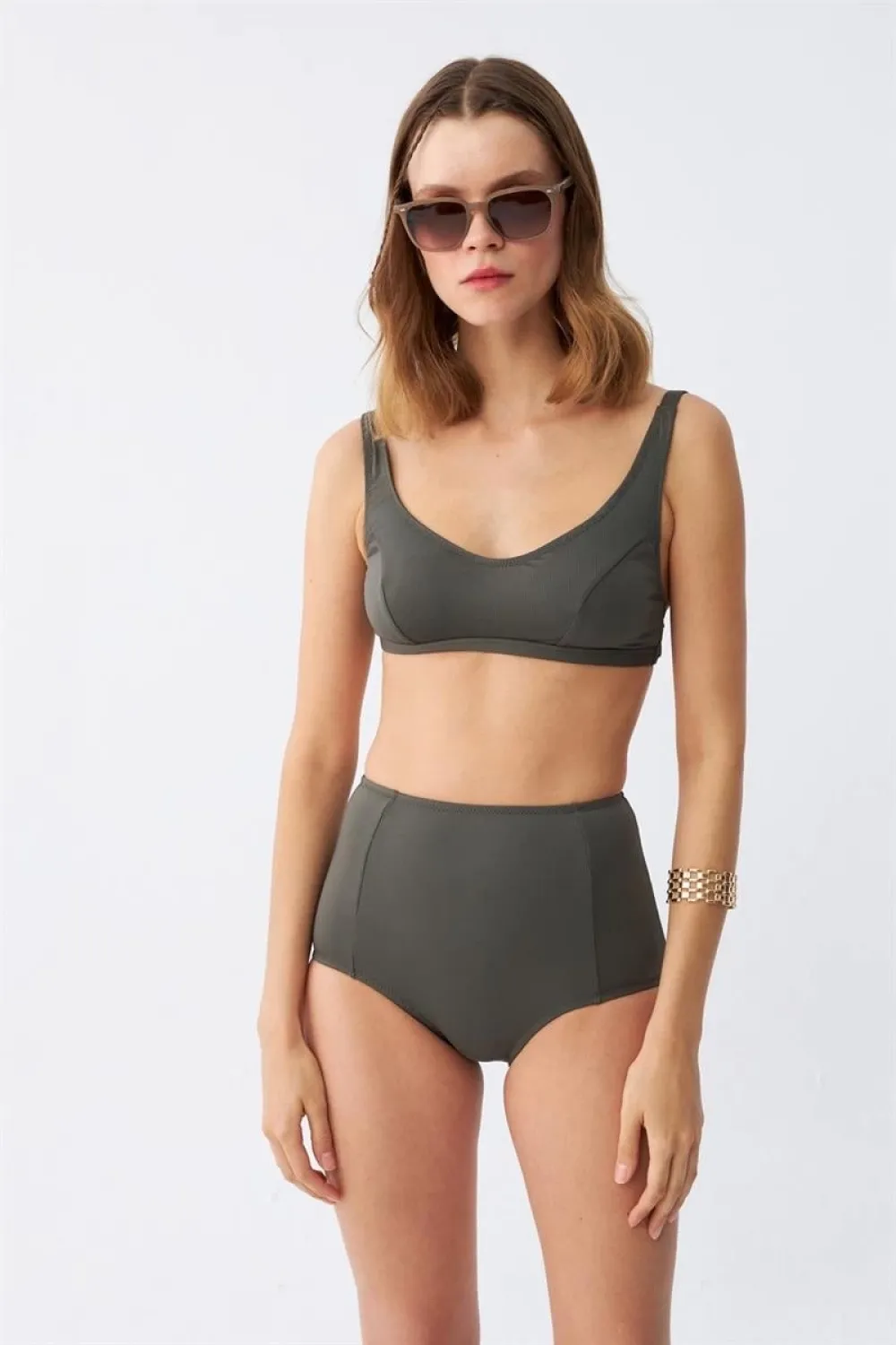  Kadın Basic Haki Pedli Yüksek Bel Bikini Takımı