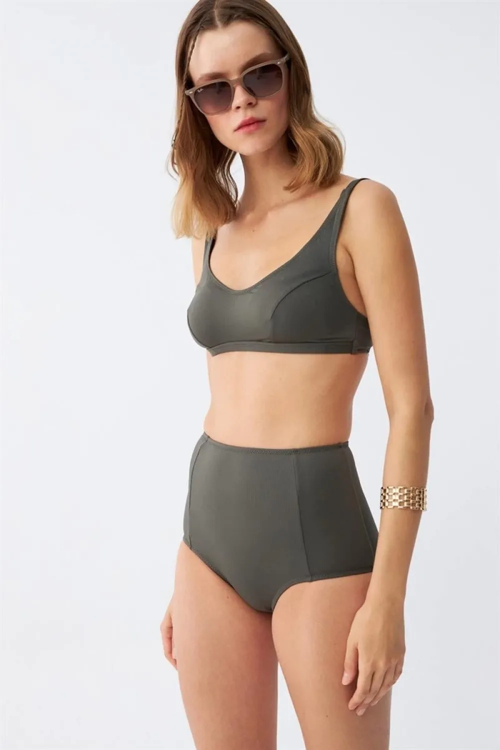  Kadın Basic Haki Pedli Yüksek Bel Bikini Takımı