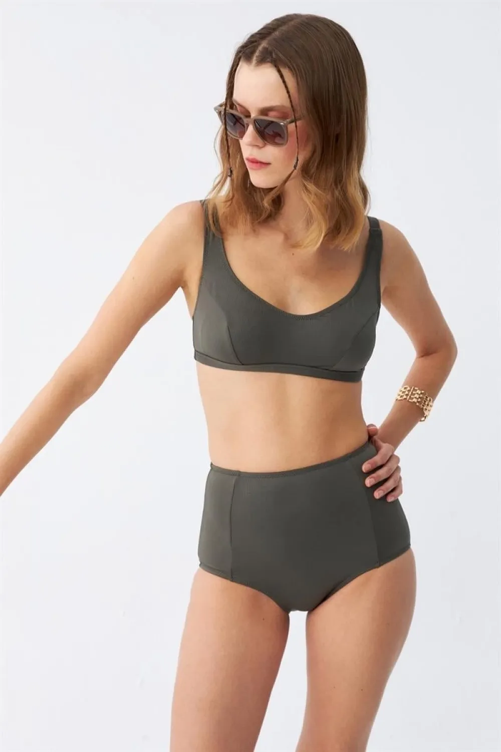  Kadın Basic Haki Pedli Yüksek Bel Bikini Takımı