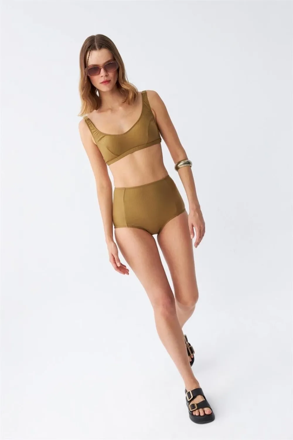  Kadın Basic Hardal Pedli Yüksek Bel Bikini Takımı