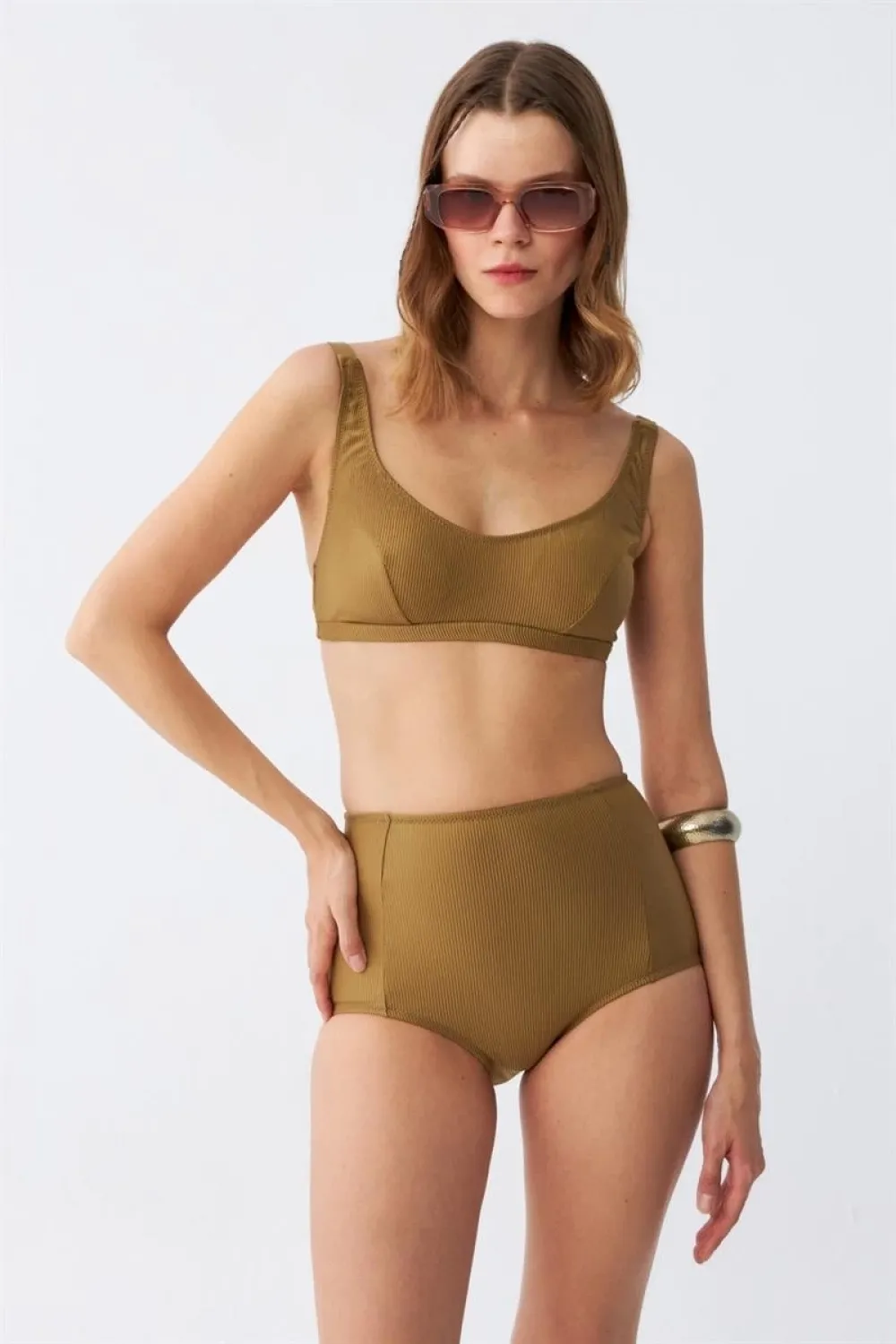  Kadın Basic Hardal Pedli Yüksek Bel Bikini Takımı