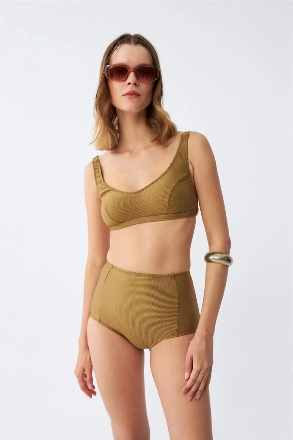  Kadın Basic Hardal Pedli Yüksek Bel Bikini Takımı