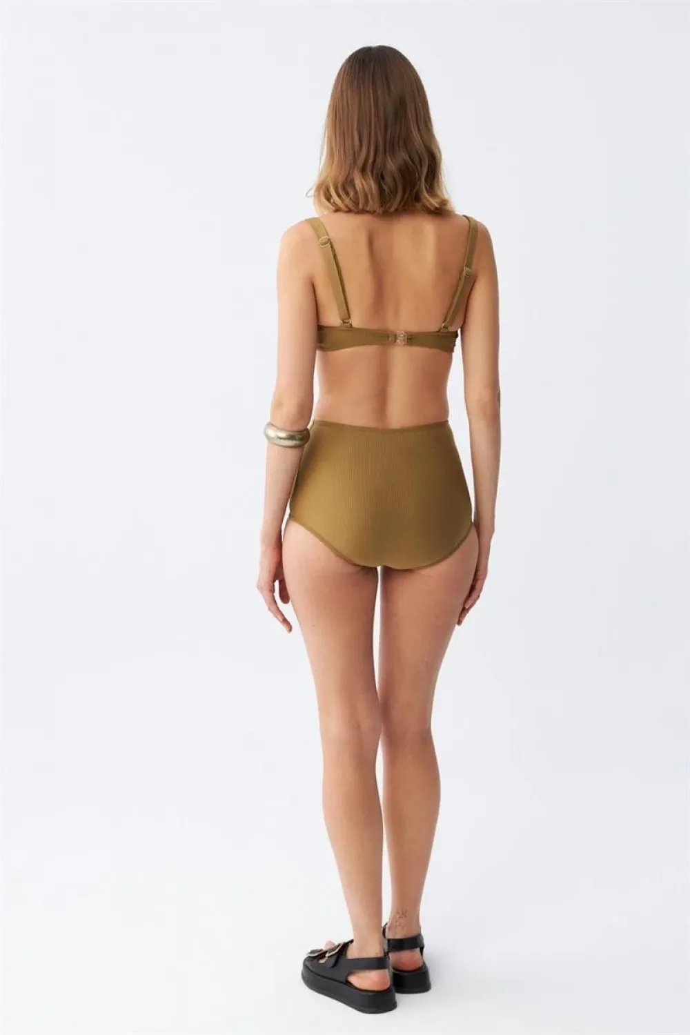  Kadın Basic Hardal Pedli Yüksek Bel Bikini Takımı
