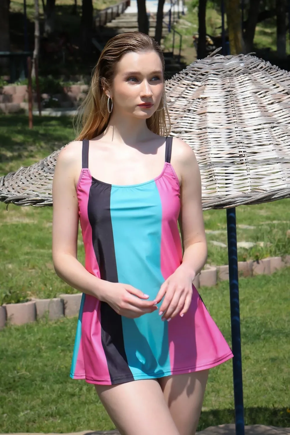  Kadın Şortlu Tankini Elbise Mayo Pembe