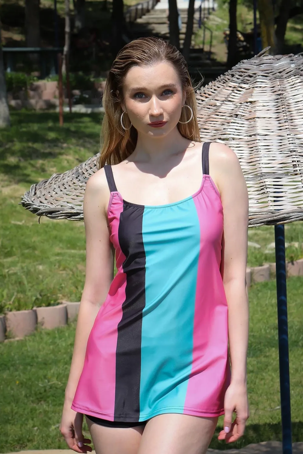  Kadın Şortlu Tankini Elbise Mayo Pembe