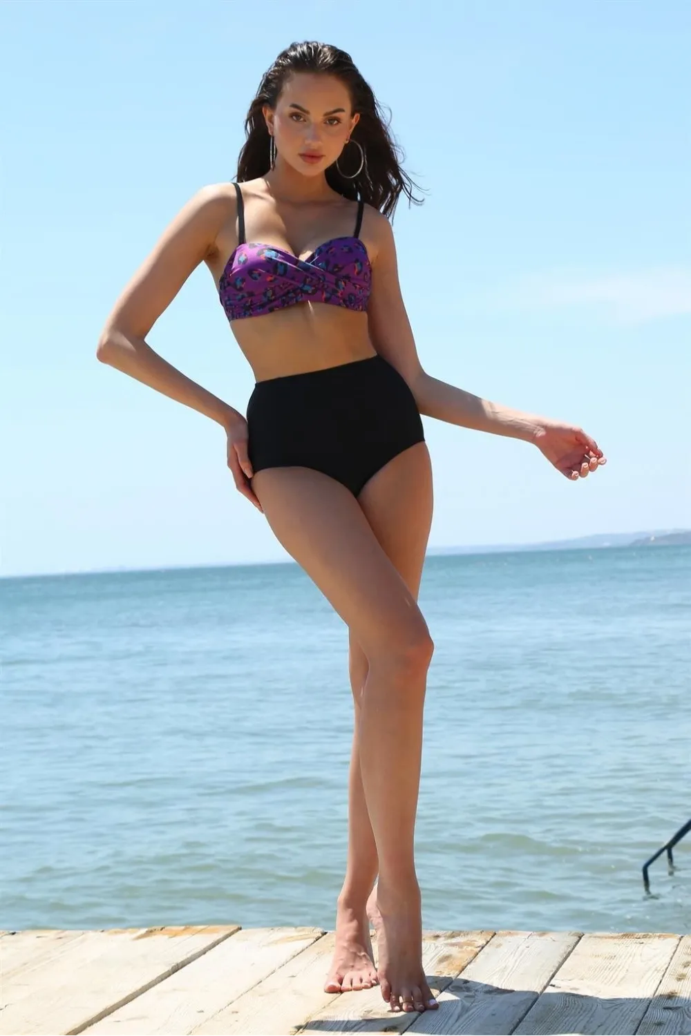  Kadın Yüksel Bel Straplez Mor Bikini