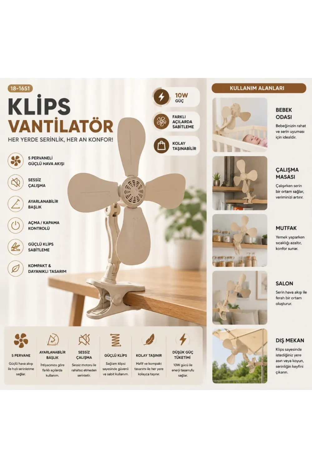 Masaüstü Vantilatör - Güçlü Klipsli - 5 Pervaneli