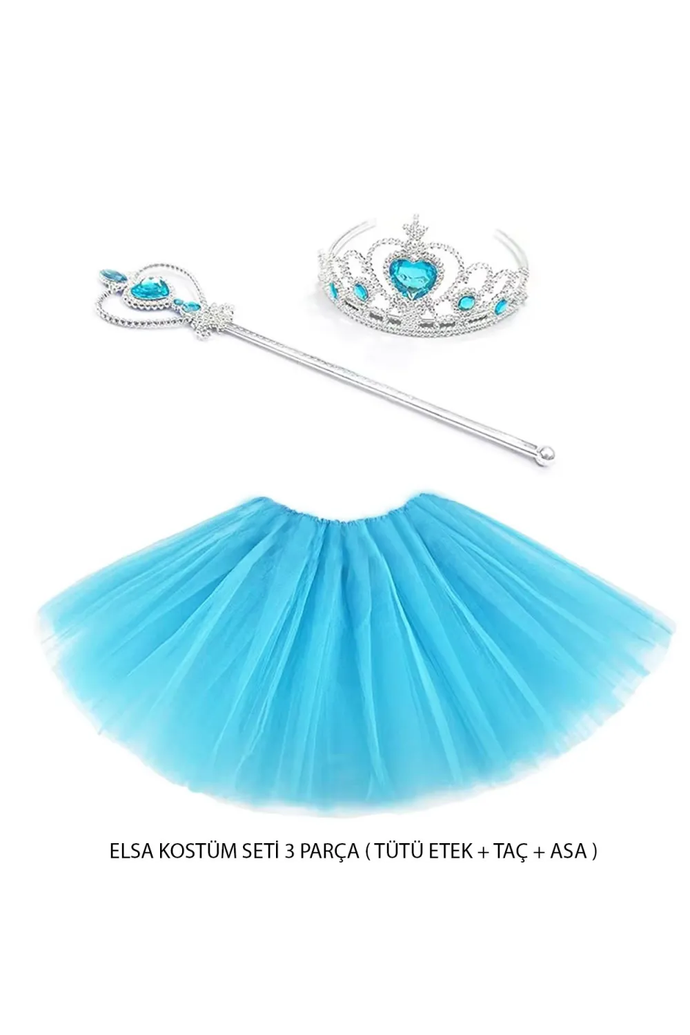 Mavi Prenses Elsa Kostüm Seti 3 Parça (Tütü Etek + Taç + Asa )
