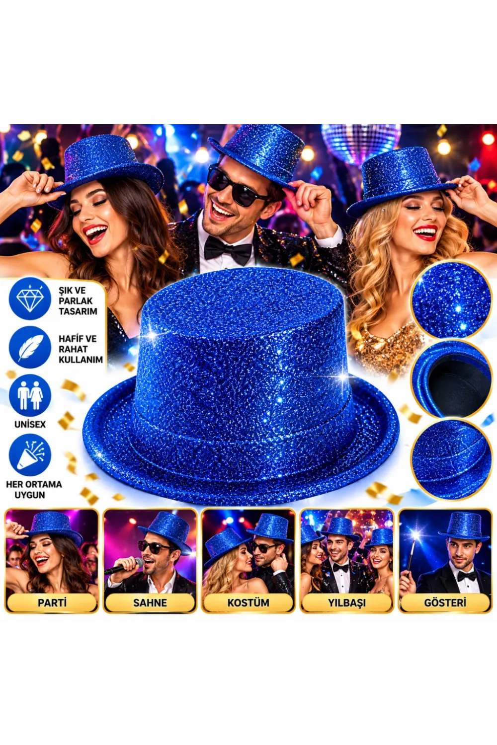 Mavi Simli Glitter Silindir Parti Şapkası