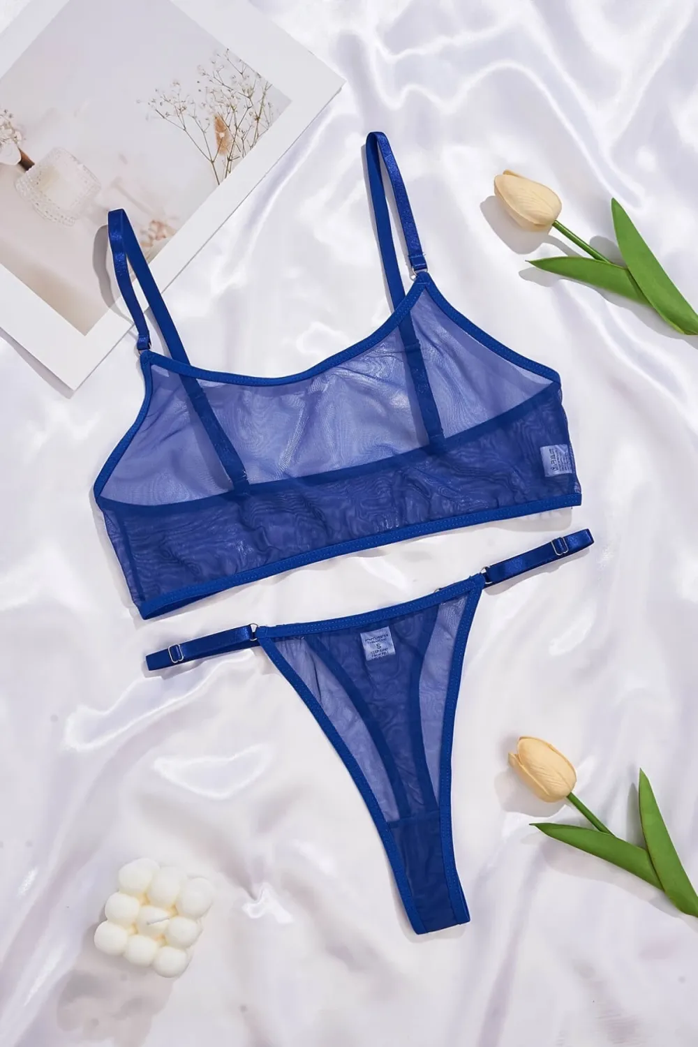 Mavi Transparan Tül Bralet Tanga İç Giyim Takımı IEG1389