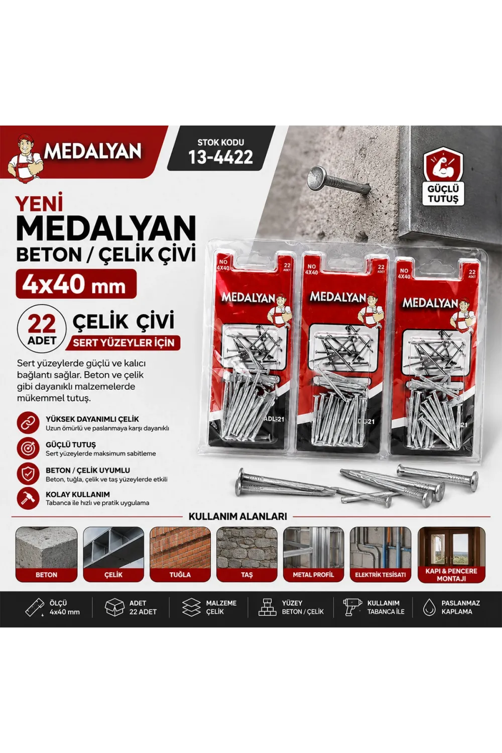 Medalyan Dl-21 ( 4x40 ) ( 22pcs ) ( Beton ) Çelik Çivi*12x12