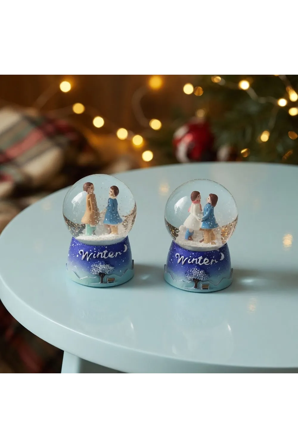 Mini Işıklı Kar Küresi - Sevimli Çift Tasarımlı - Winter Temalı