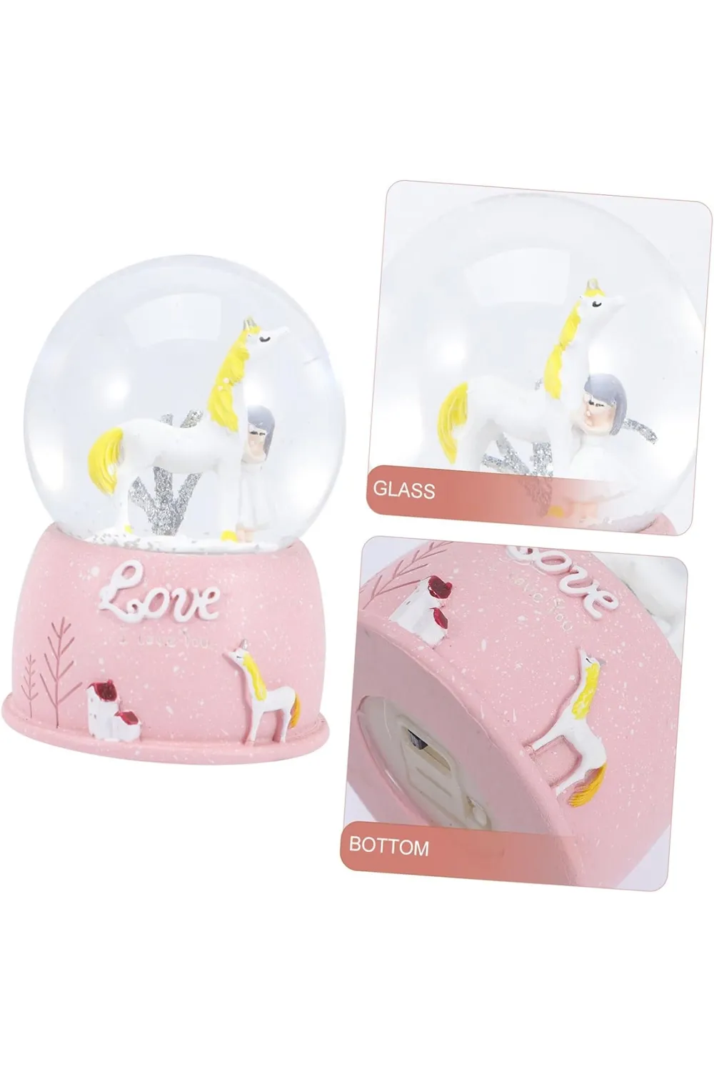 Mini Pembe Kar Küresi - Sevimli Unicorn ve Kız Tasarımlı - Işıklı