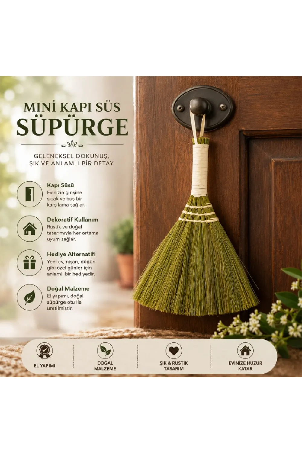 Mini Süpürge Tasarımlı Kapı Süsü - Hasır Saplı - El Yapımı Rustik Dekor