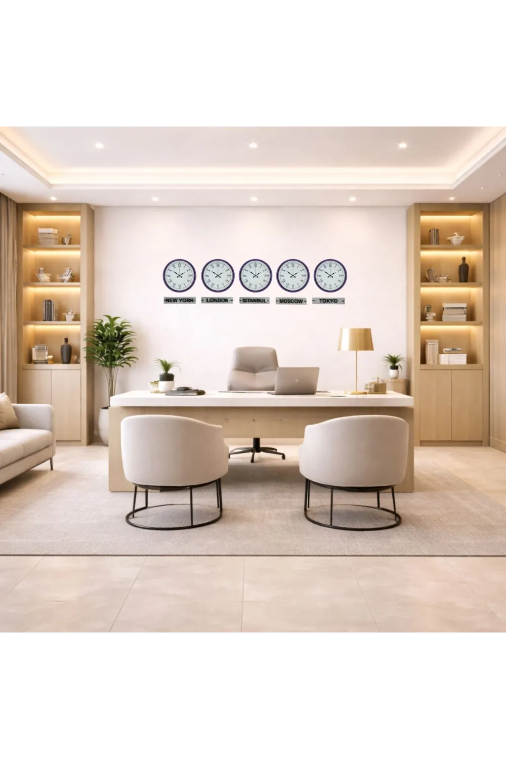 Modern Mor 36 Cm 5 li Tabealalı Dünya Saatleri