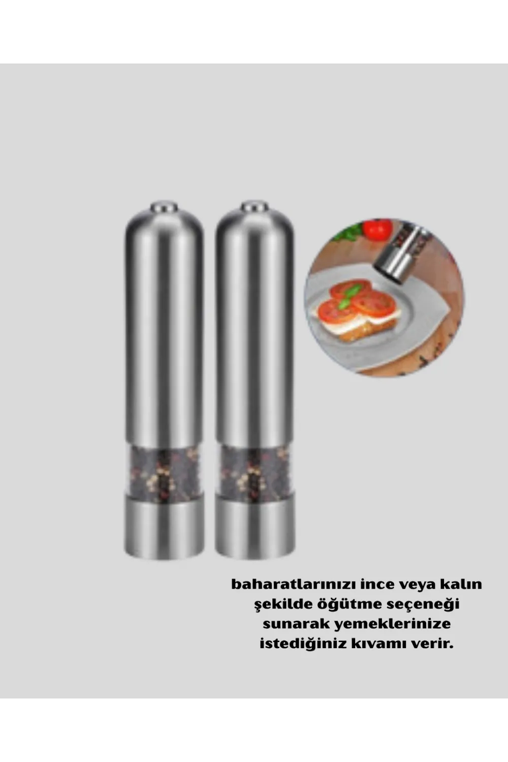 Modern Otomatik Baharat Öğütücü Seti – Pilli, Paslanmaz Çelik, Led Aydınlatmalı